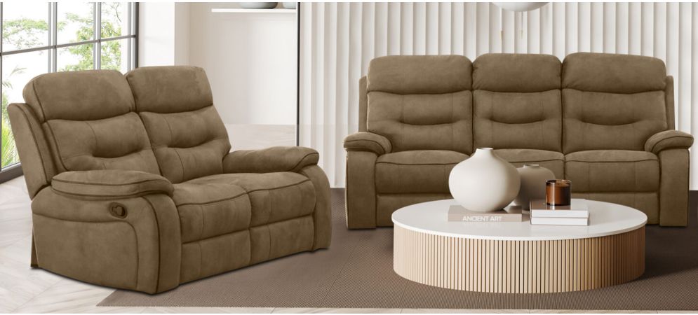 Gizelle 3 2 Tan Soft Hard Wearing Fabric High Back Manual Recliner Sofa Set With Contrast Piping Leather Sofa World