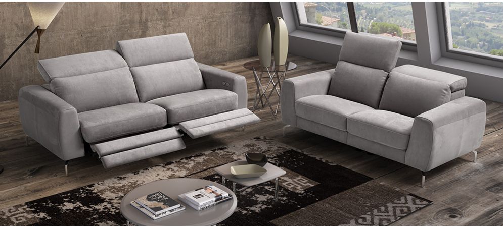 Morgana Grey Suede 3 2 Electric Recliner Sofas With Chrome Legs Newtrend Available In A Range Of Leathers And Colours 10 Yr Frame 10 Yr Pocket