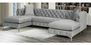 Lario Light Grey Plush Velvet U-Shaped Sectional Corner Sofa With Metal Legs