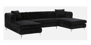 Lario Black Plush Velvet U-Shaped Sectional Corner Sofa With Metal Legs