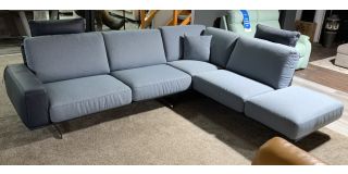 Nuvolari Rhf Two Tone Blue Newtrend Fabric And Leather Corner Sofa With Chrome Legs Ex-Display Showroom Model 51103