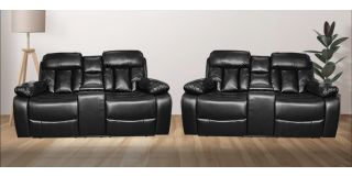 Somerton 2 + 2 Black Leathaire Maunal Recliner Sofas With Drinks Holders