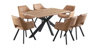 1.5m Chevron Oak Veneer Dining Table With Metal Black Powder Coated Base And 6 Tan Faux Suede Chairs(w58 d61 h82)
