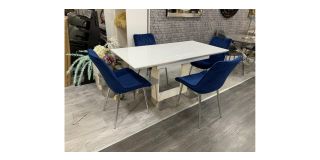 1.2m To 1.6m Extending White Dining Table With 4 Blue Plush Velvet Chairs - Chair(w55m d60cm h90cm) Showroom Clearance Model 51028