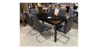 1.65m To 2.1m Extending Black Glass Dining Table With 6 Two Tone Dark Grey Chairs - Chair(w43m d58cm h100cm) Showroom Clearance Model 51033