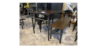 1.4m Industrial Pipe Work Wooden Dining Table With 2 Chairs And Bench (Bench w120cm, d35cm, h44cm - Chair w44cm, d45cm, h85cm) Ex-Display Clearance 50888