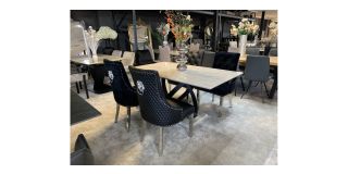 1.6m Marble Effect Dining Table With 4 Black Faux Leather Lion Knocker Back Chairs (w55cm, d55cm, h100cm) Ex-Display Clearance 50886