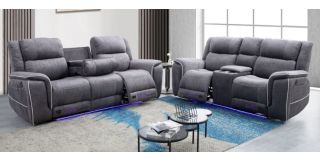 Savannah 3 + 2 Grey Luxury Fabric Electric Recliners With Drinks Holders And Storage With White Pipping And Blue LED Ambient Lighting Plus USB Charging